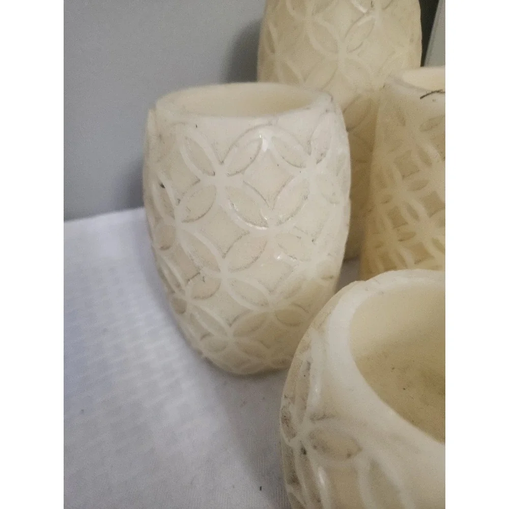 Set of 4 Flameless LED Pillar Candles Carved Wax Lattice Cream Untested